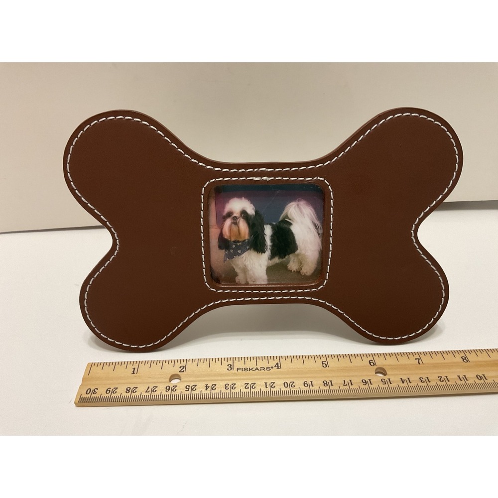 Two's Company Dog Bone Picture Frames Set‎ of 2 Faux Leather Brown Tan Stitched - Picture 3 of 6